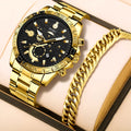 Gold men's business quartz watch with stainless steel strap and calendar on display