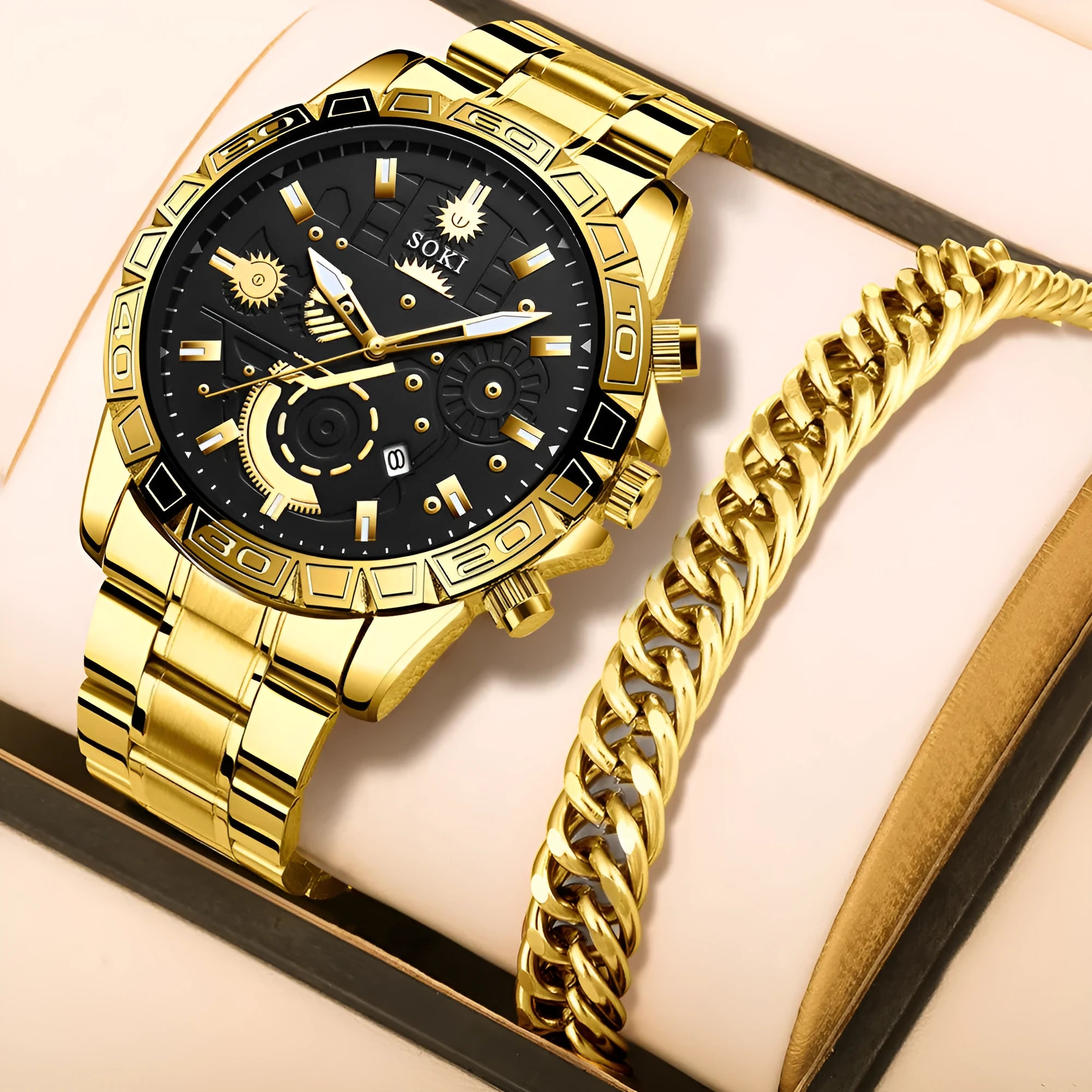 Gold men's business quartz watch with stainless steel strap and calendar on display