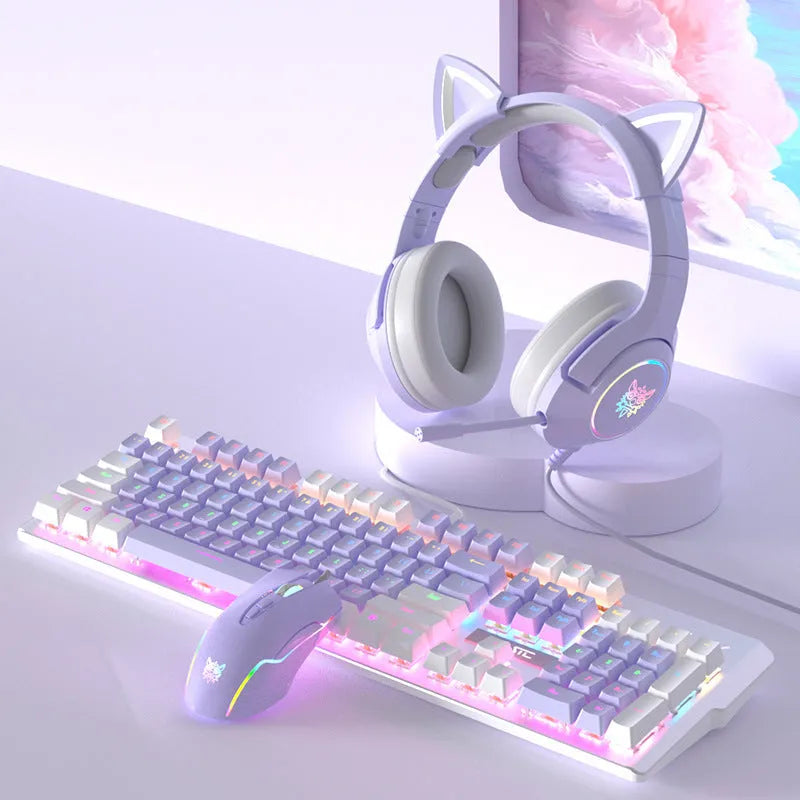 White and purple backlit wired mechanical keyboard and mouse gaming bundle on a desk.