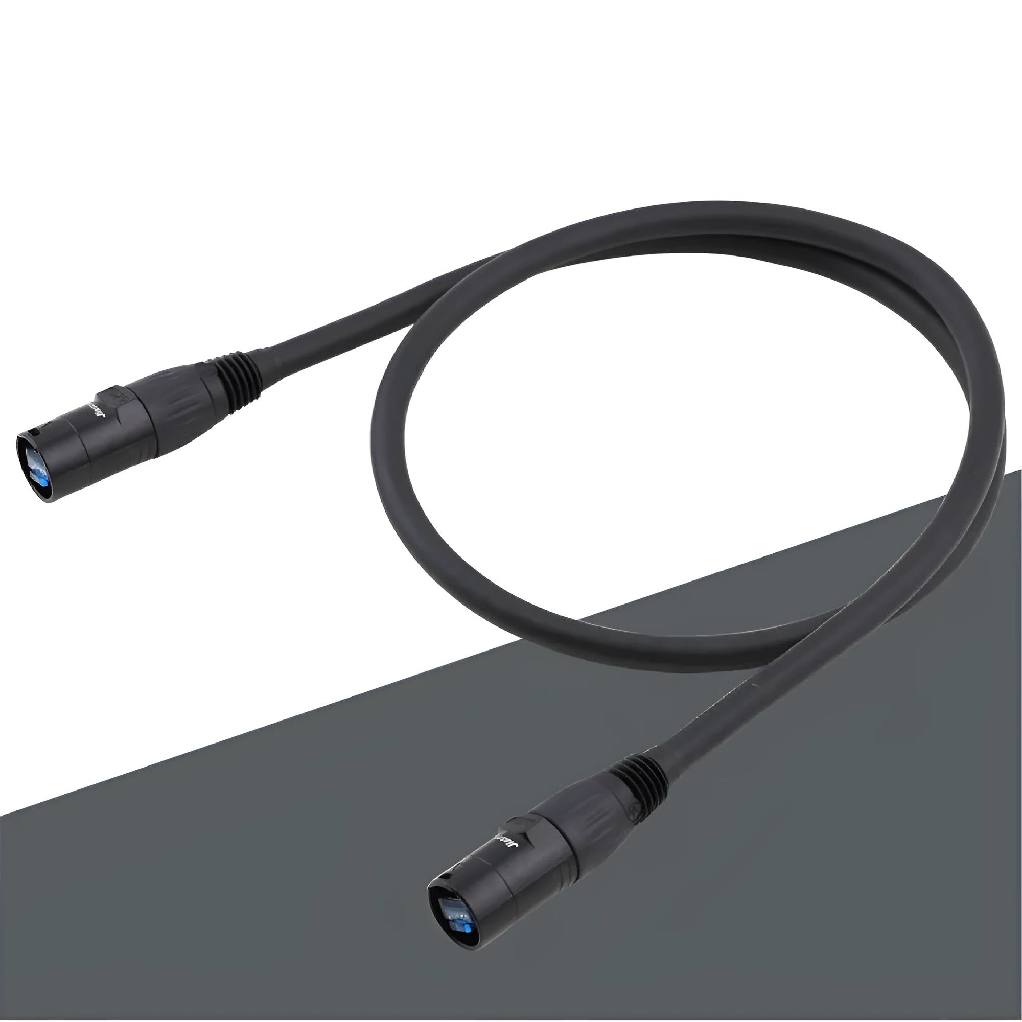 Black CAT6 RJ45 network extension cable with male connectors on a white background.