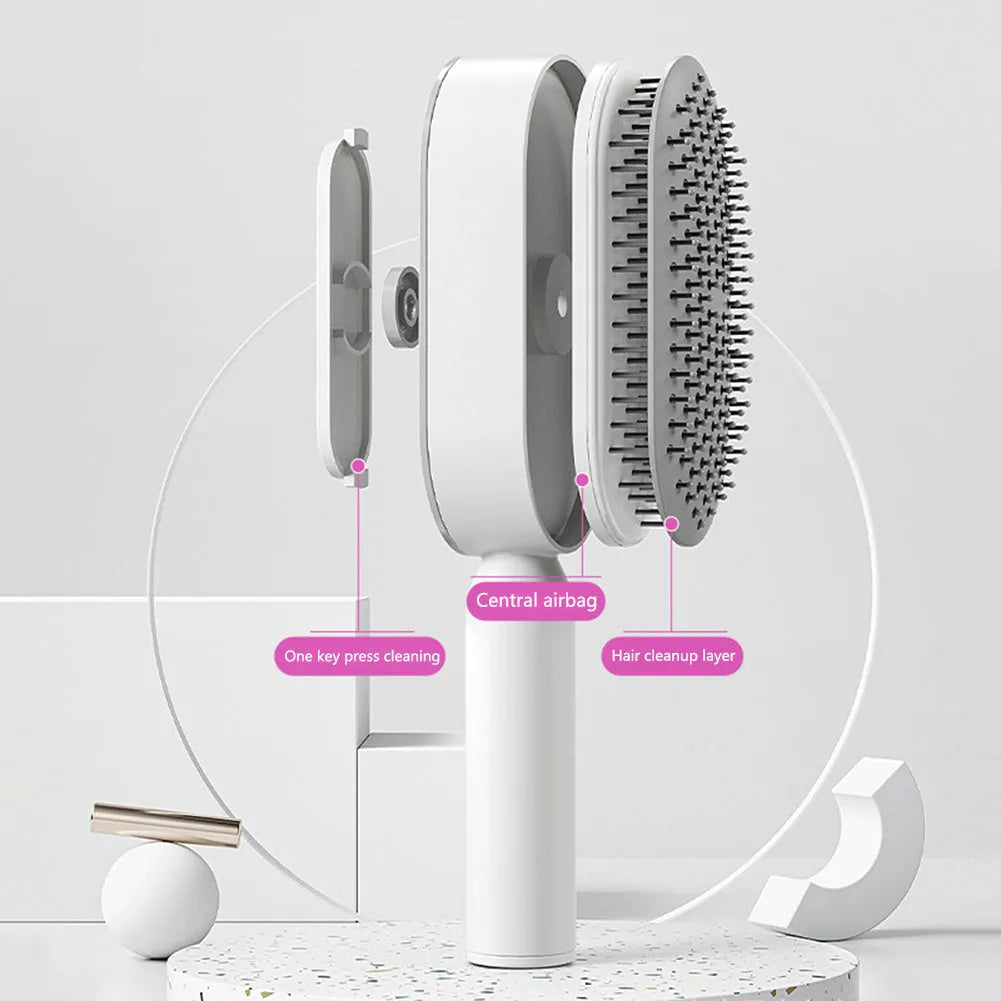 Self cleaning hair brush with one-key cleaning button and air cushion massage design in various colour options