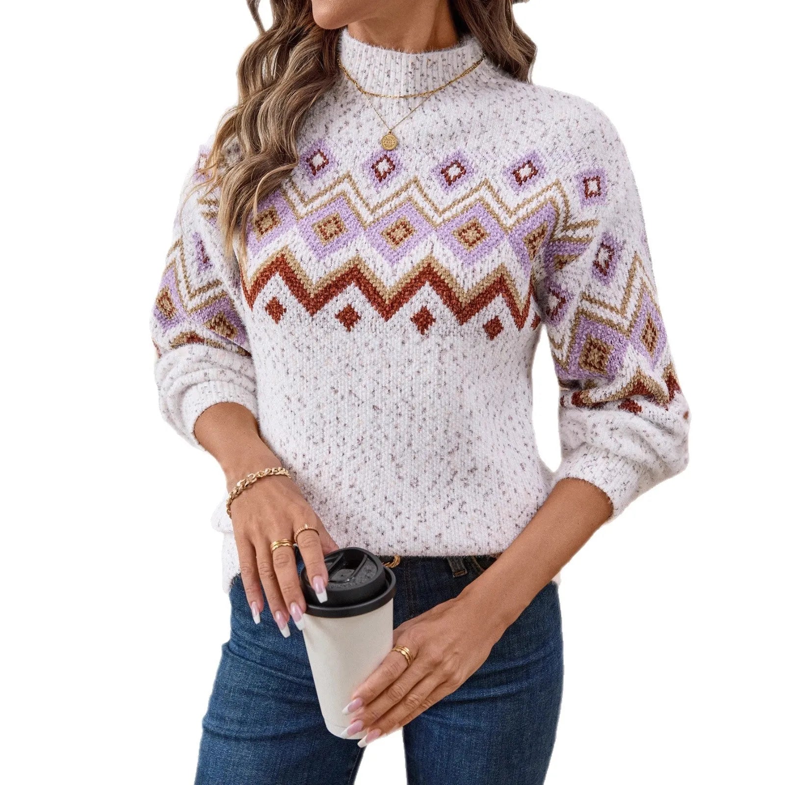 White loose-fit geometric pattern sweater with a half turtleneck neckline.
