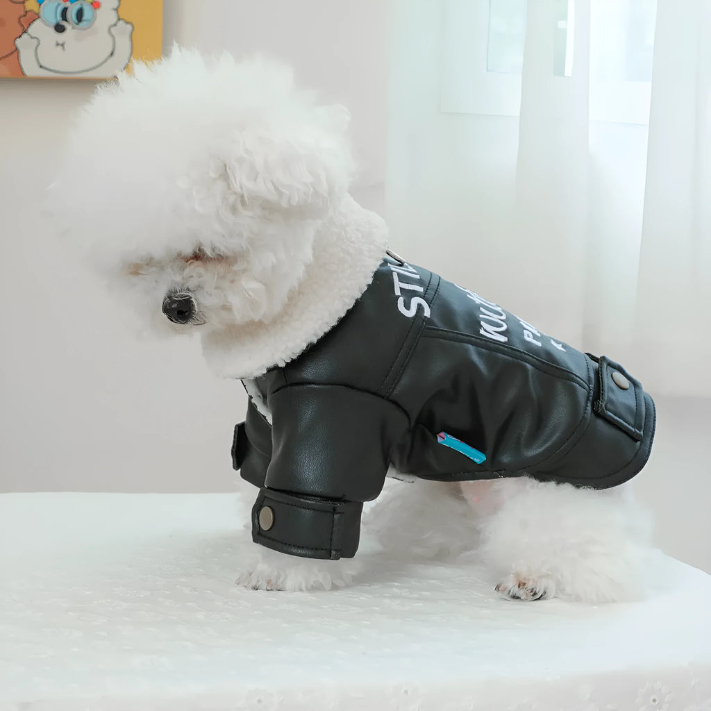 Beige fleece lined padded dog coat in large fur coat style on a mannequin, size label shown.