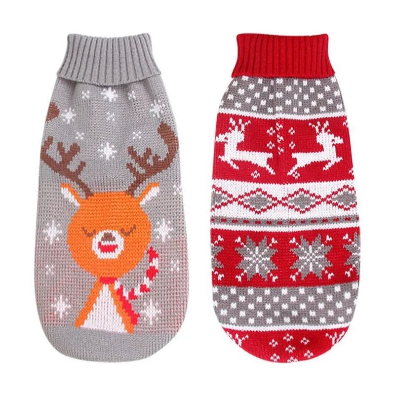 Christmas turtleneck knitting sweater for dogs in red reindeer pattern on a small dog, acrylic fabric, multiple sizes available