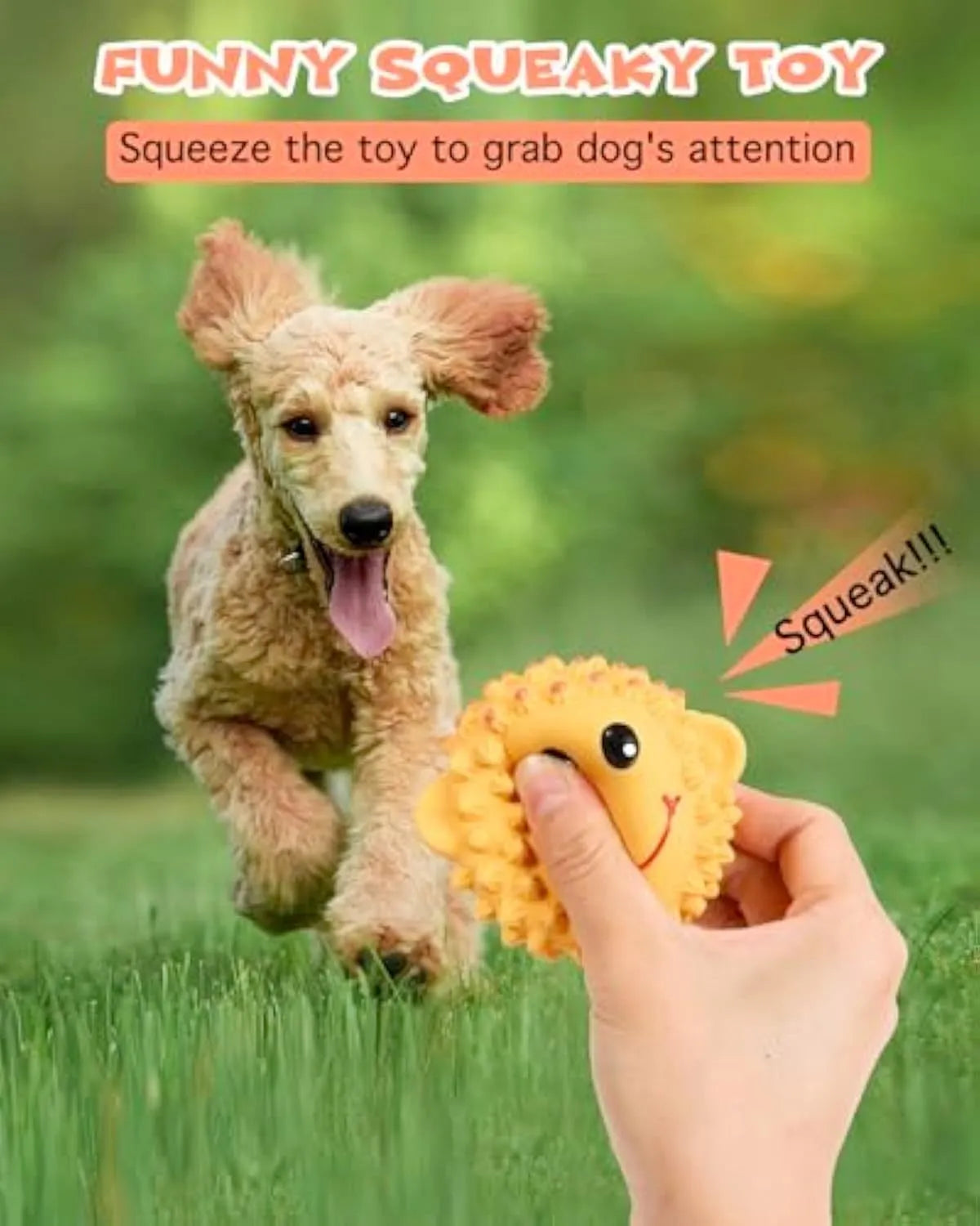 Orange and yellow spiky squeaky latex dog toy for small medium breeds.