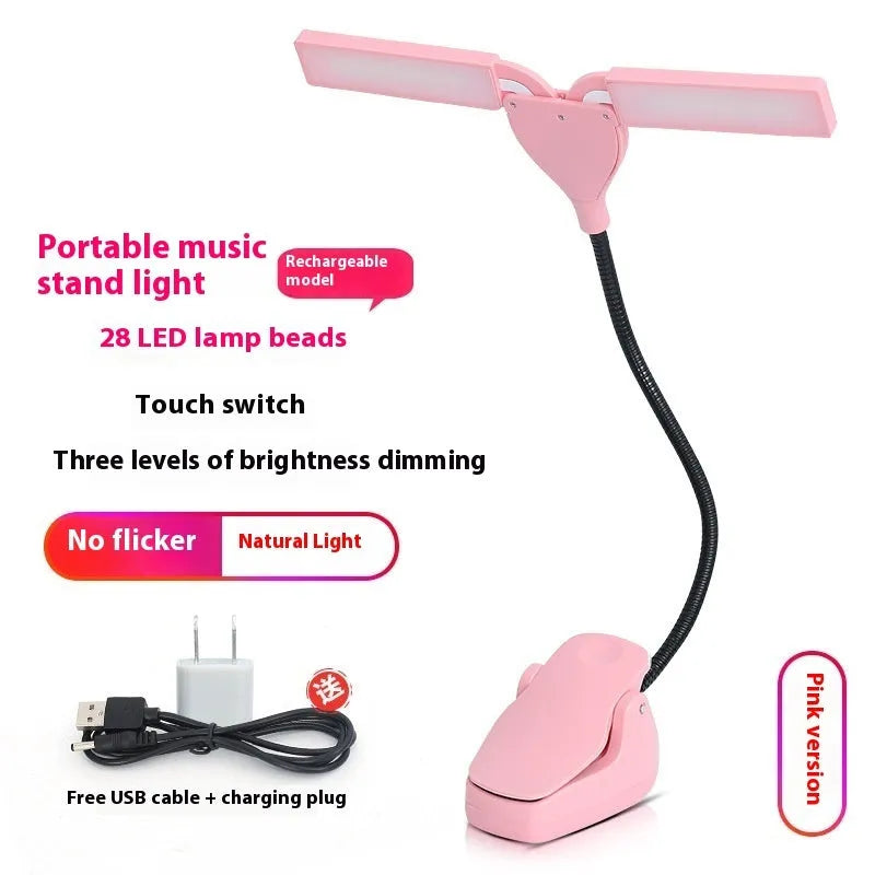 Rechargeable black music stand lamp with 28 LEDs and a USB cable.