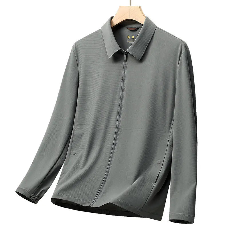 Men's ice silk summer lapel coat for business wear with sun protection in navy blue colour