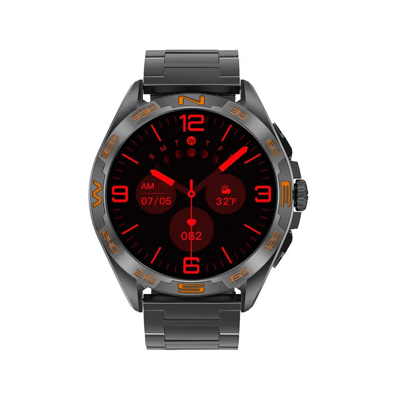 Black stainless steel smart watch showing health stats on IPS screen, with WhatsApp notification visible.