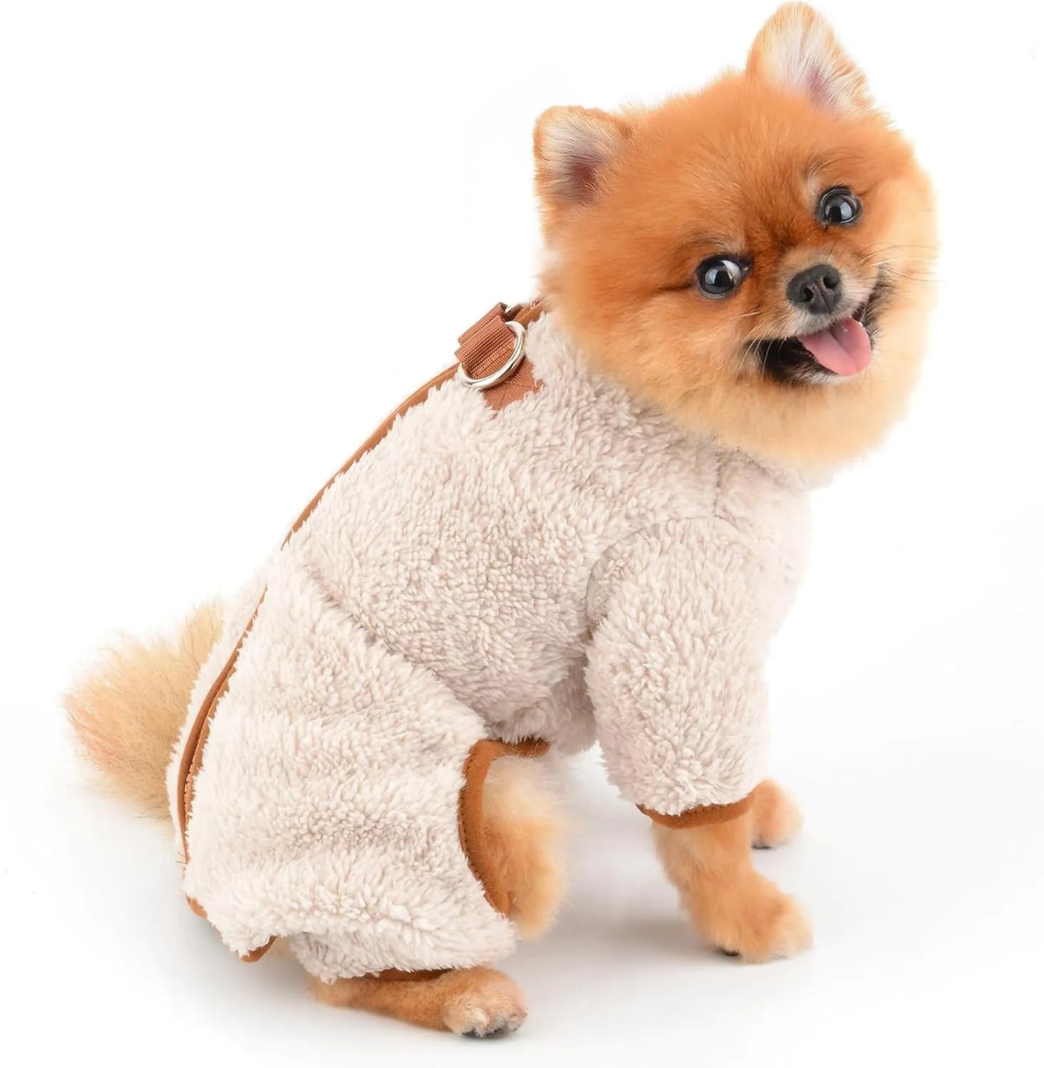 Small dog wearing green fleece coat with back zipper, four-leg winter pajamas for Chihuahua size