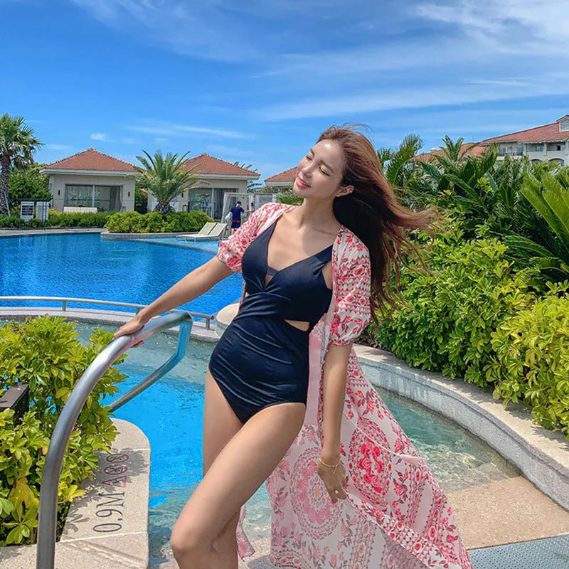 Women's hollow siamese design one-piece swimsuit in dark blue and khaki colour options