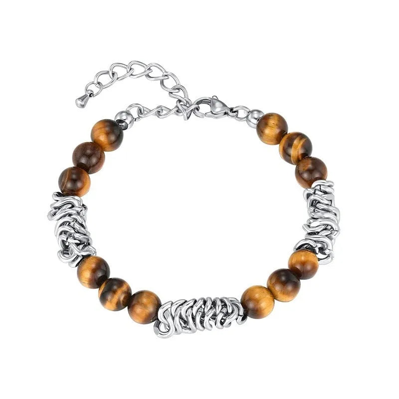 Men's beaded titanium steel bracelet with tigereye chain, geometric shape, unisex design for fashion wear