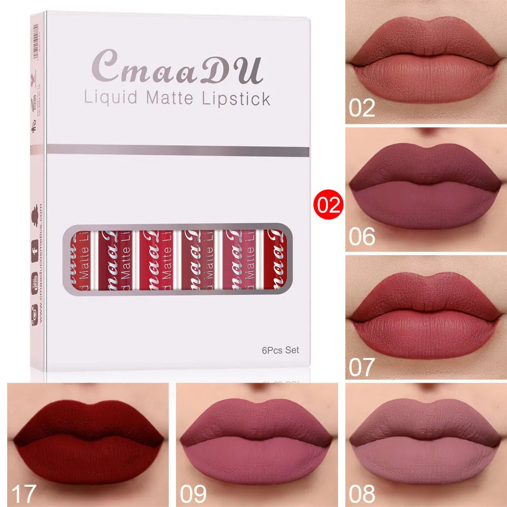 Six waterproof matte lip gloss tubes in styles A-F with non-stick formula and multivitamin ingredients