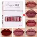 Six waterproof matte lip gloss tubes in styles A-F with non-stick formula and multivitamin ingredients