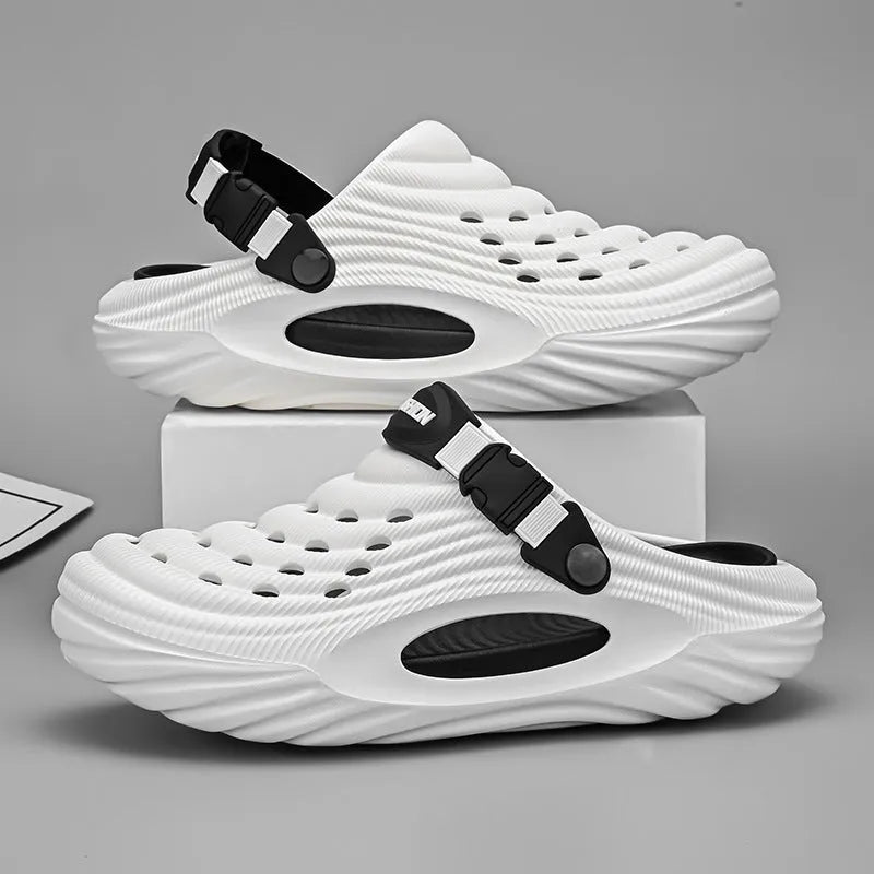 Men's solid colour EVA platform slippers with hollow-out design, shown in light green.