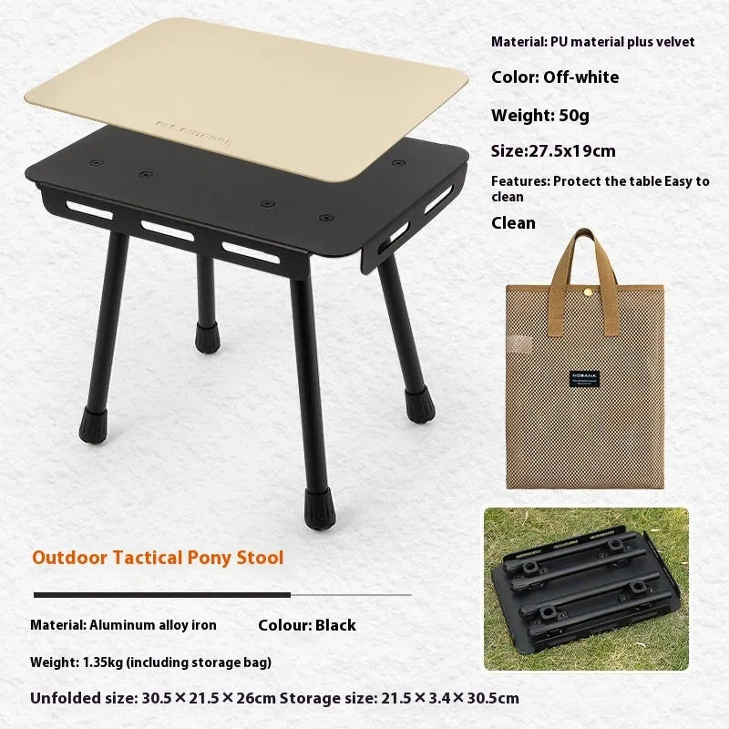 CLS aluminium dual-use folding camping stool converted into a small table next to its storage bag.