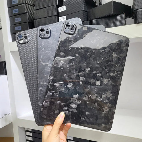 Real carbon fibre hard protective case for Apple iPad Pro 11 inch with embossed plaid design.
