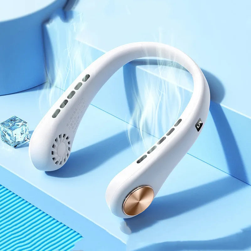 Portable bladeless neck fan hanging around neck with snake shape design in white colour