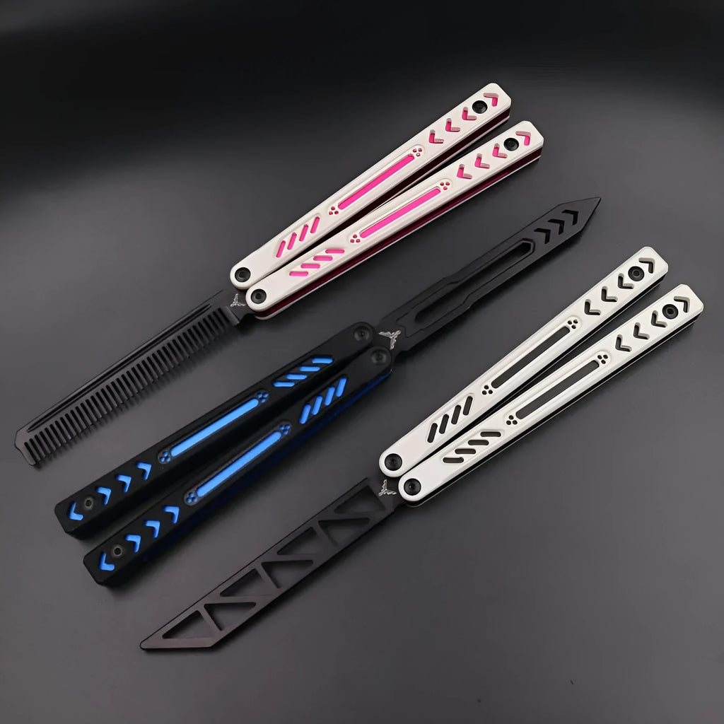 Unbladed aluminium butterfly knife trainer with G10 grip patches showing 25.5cm length and black finish