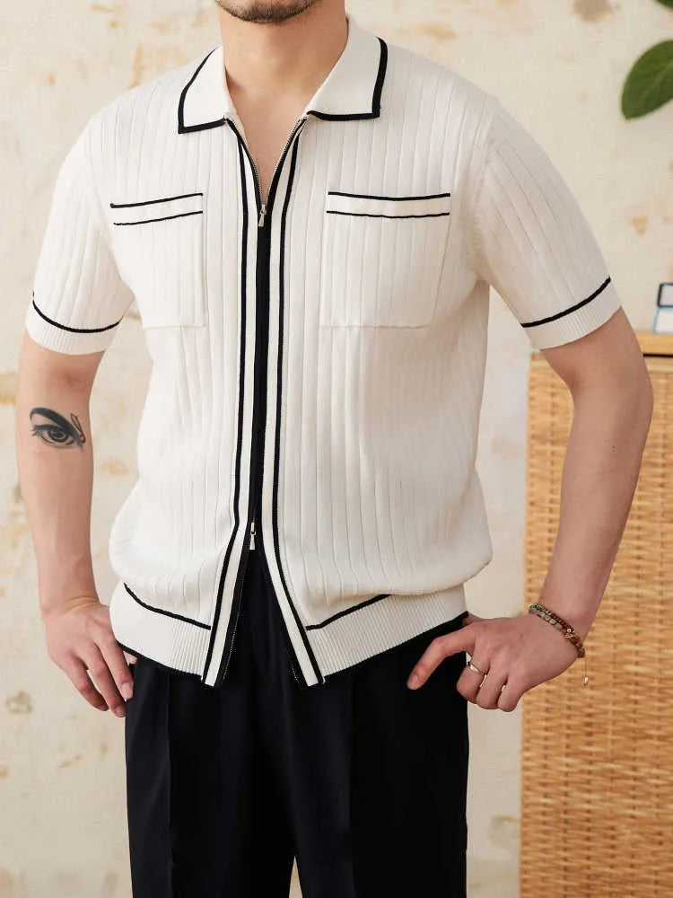 Slim black elastic lapel polo shirt with short sleeves on a mannequin.