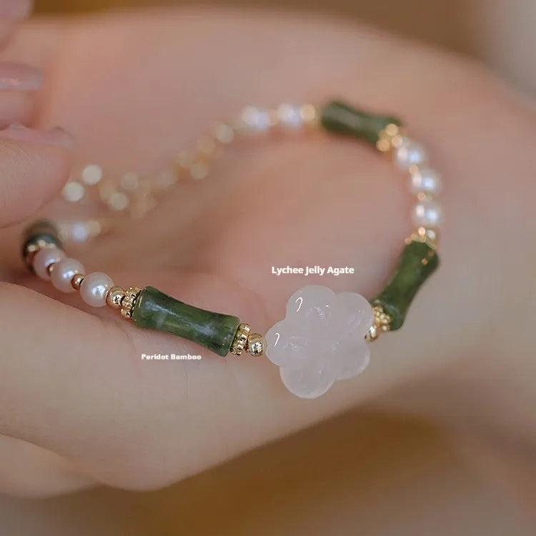 Traditional Chinese bamboo joint bracelet with Hetian jade and copper shell pearls