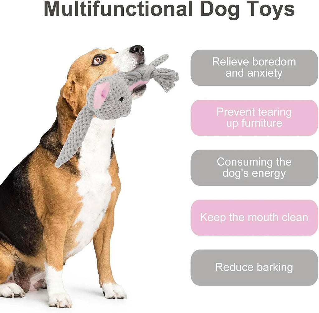 Plush dog toy with squeaker, crinkle paper and cotton rope in animal designs for small medium dogs