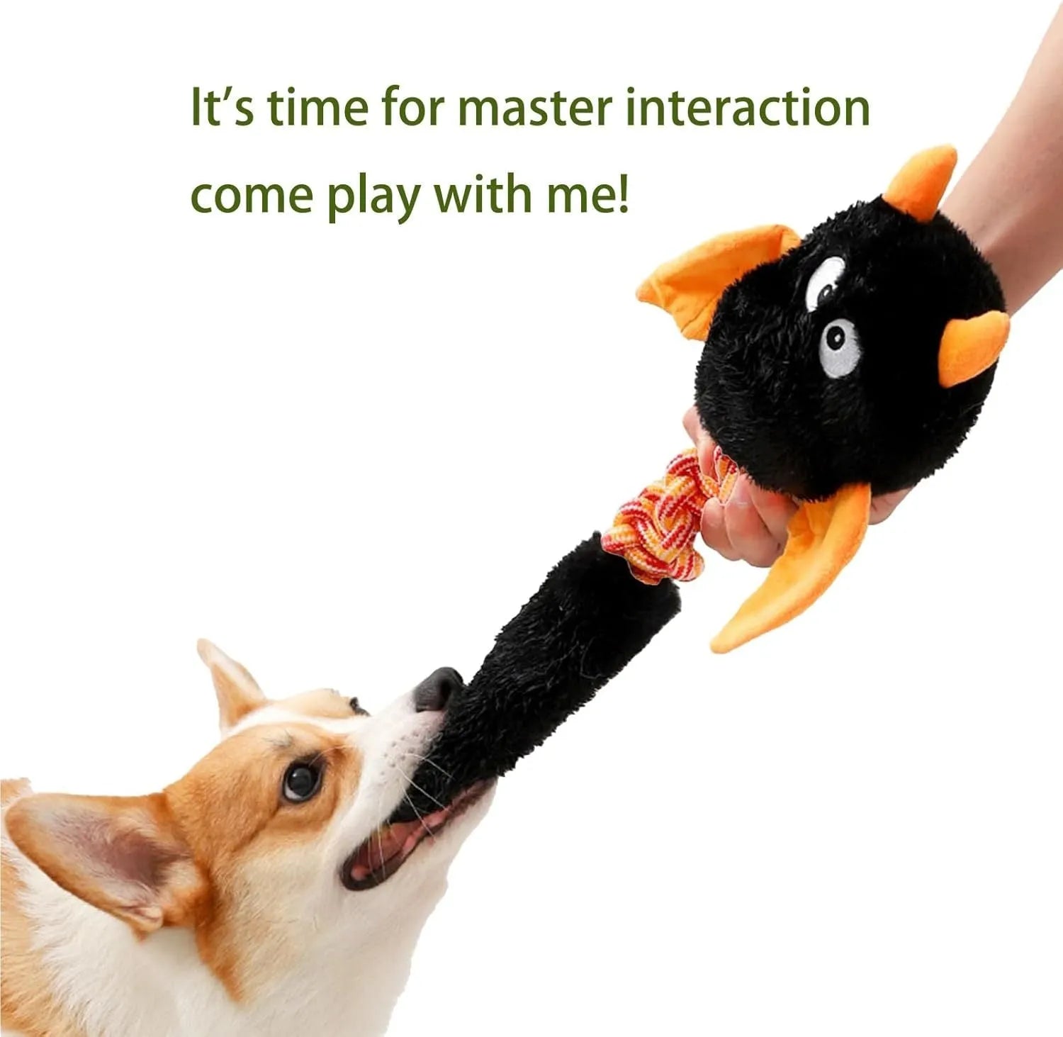 Large black plush dog toy with cartoon design, featuring a squeaker, rattle, and an elastic rope knot for chewing.