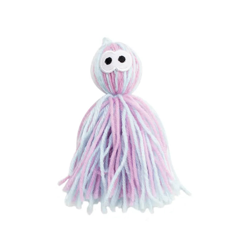 Wool ball cat toy with hanging feature in blue grey colour