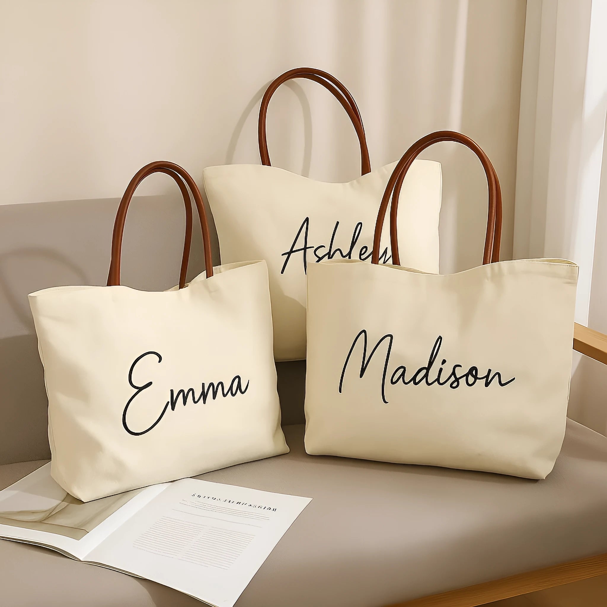 Beige white canvas tote bag with long handles and a front view showing its structured shape