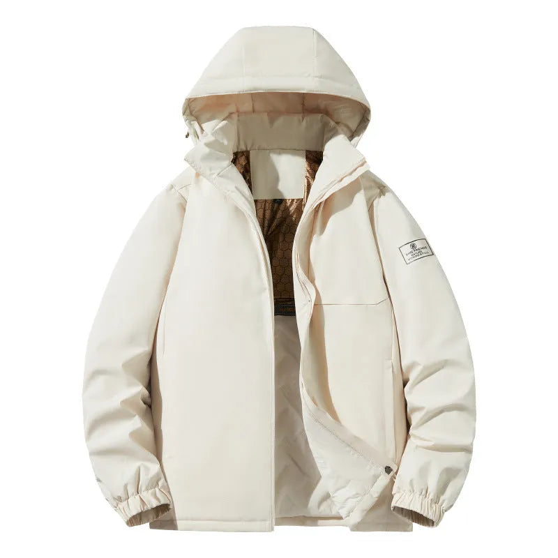 Men's black waterproof winter jacket shown on a hanger, showcasing its windproof outdoor design.