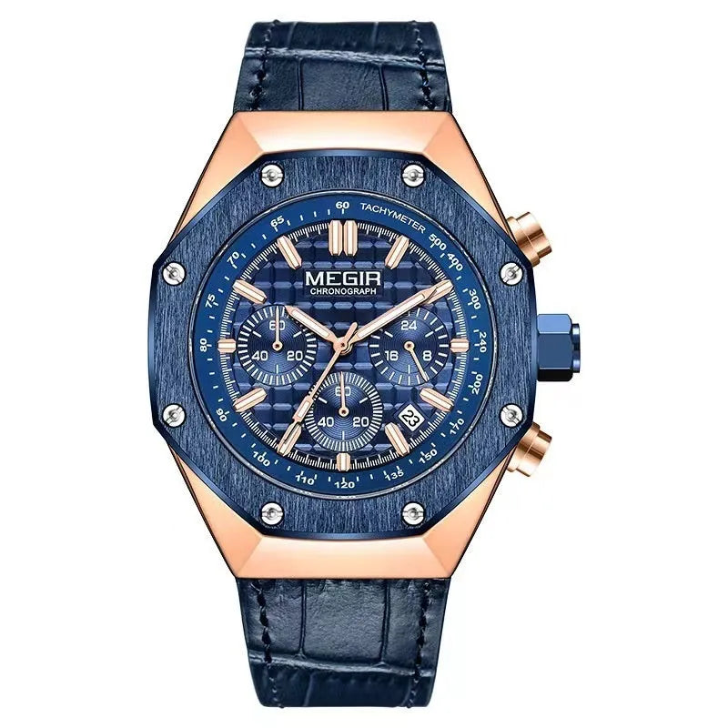 Men's waterproof quartz watch showing three strap options: blue silicone, rose gold edged black steel, and all black steel
