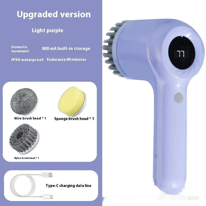 Light grey USB rechargeable electric cleaning brush with multiple interchangeable heads for kitchen use.