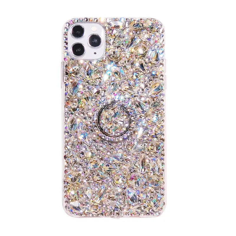 Clear acrylic Samsung phone case with colourful diamond decoration on a transparent bracket
