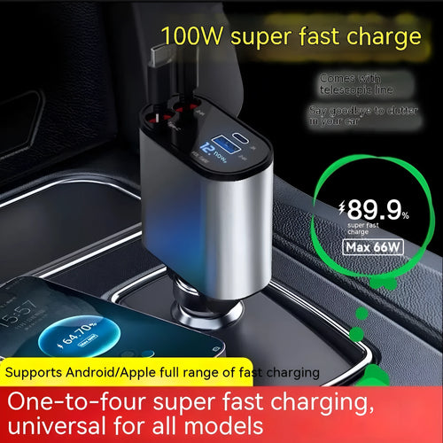 Automatic retractable car charger plugged into a vehicle cigarette lighter socket with its cable extended.