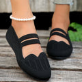 Women's casual mesh flats black low-cut round toe slip-on shoes with hollow detailing and rubber sole
