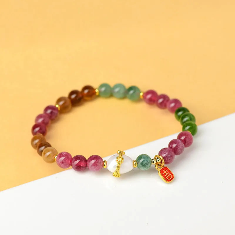 Geometric chalcedony bracelet with tourmaline accents, 6.5mm bead diameter, unisex natural crystal jewellery