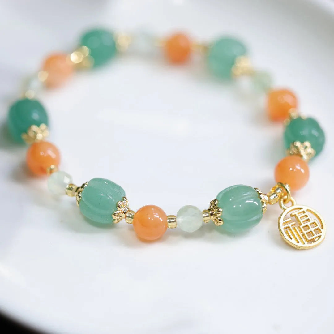 Chinese Duobao pumpkin bracelet with Jinsi Jade beads and prehnite stones for women