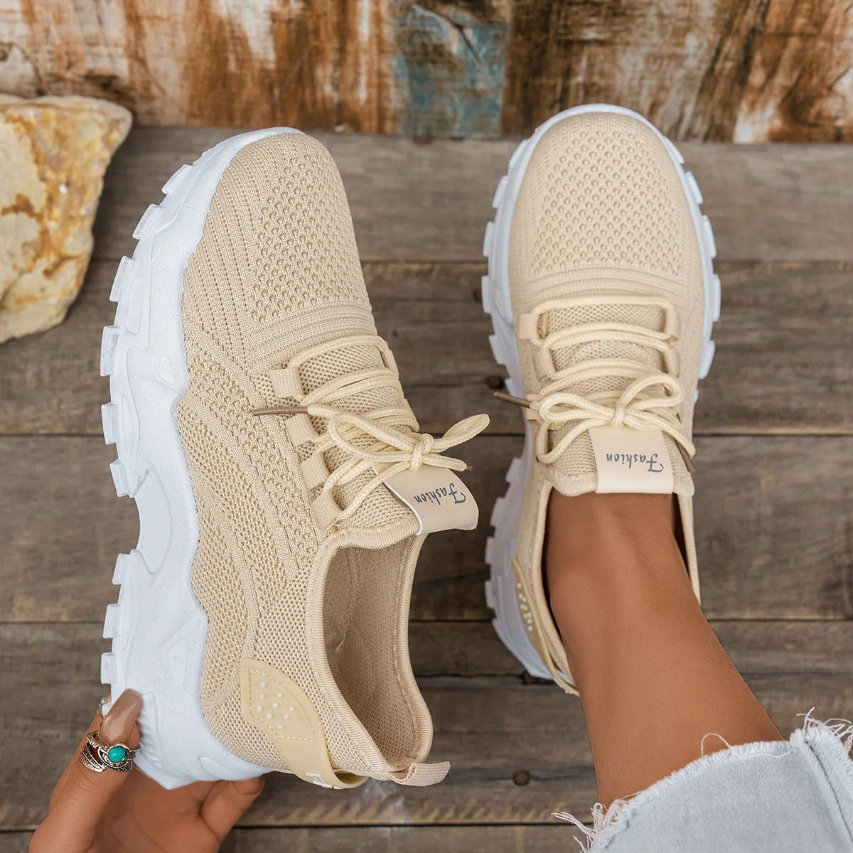 Women's Flyknit mesh sports casual shoes in multiple colours with flat heel and lace-up closure