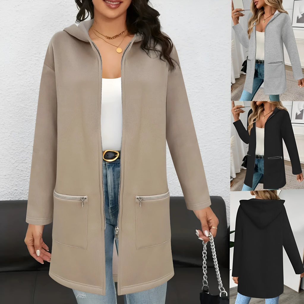 Women's loose casual cardigan coat mid-length with pockets in black, gray or khaki