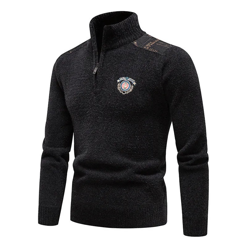 Men's velvet stand collar thickened pullover sweater in a straight cut, shown in beige colour.