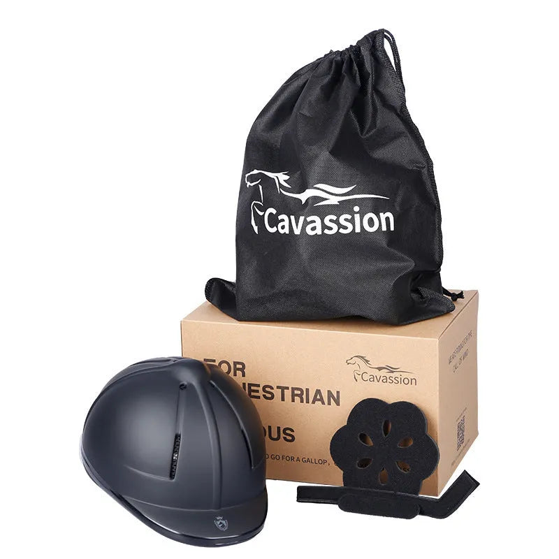 Black adjustable equestrian riding helmet for horse riding and cycling with S M L sizes