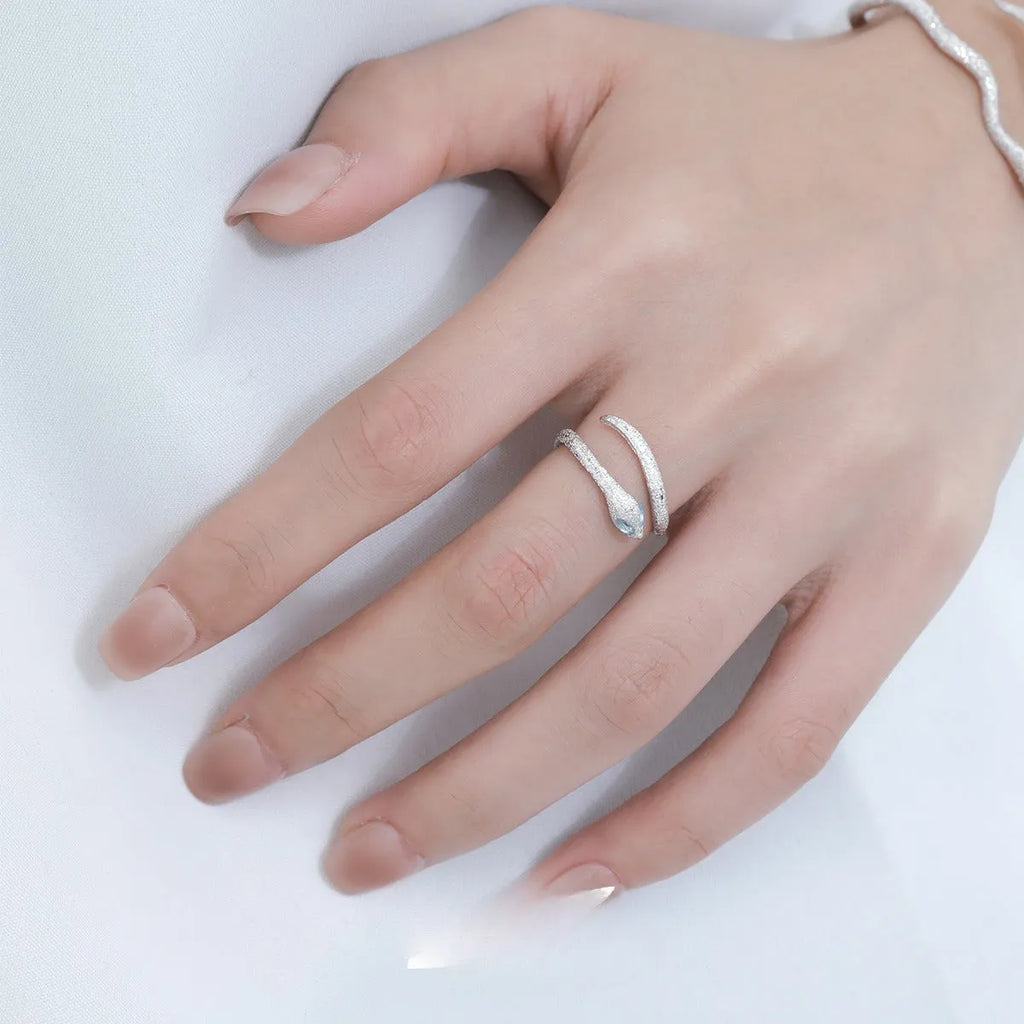 Adjustable opening silver snake zodiac ring with electroplated platinum finish
