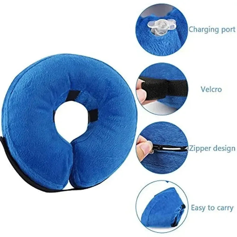 Blue inflatable recovery collar for dogs and cats with size chart showing measurements