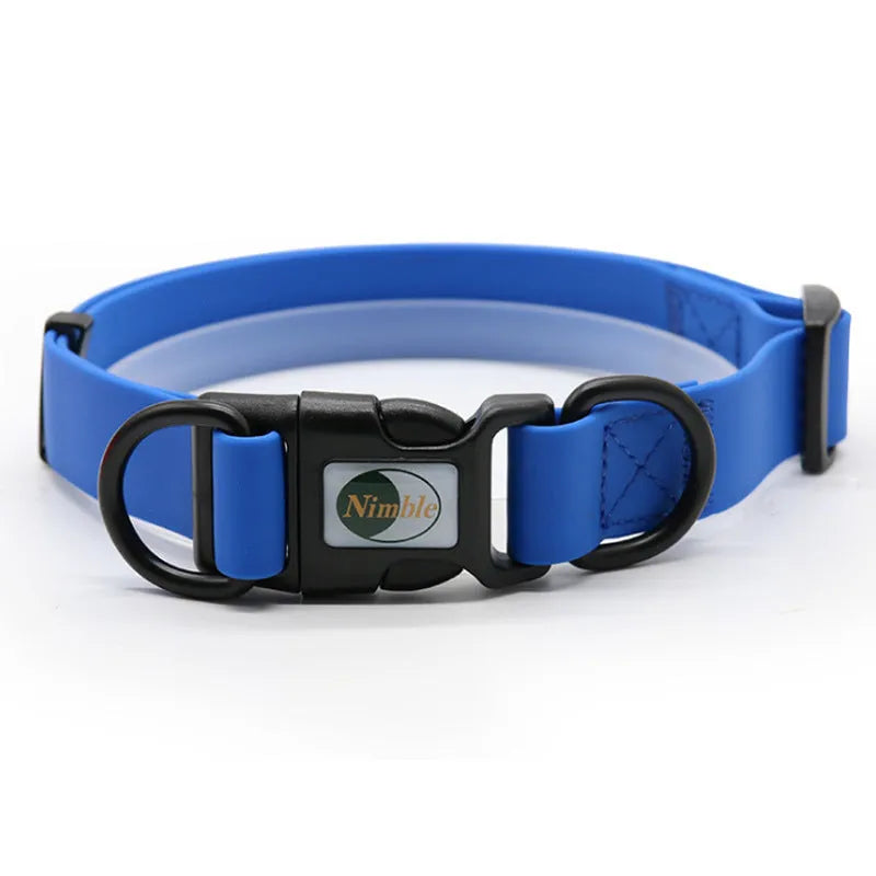 PVC waterproof dirt-resistant adjustable dog collar in blue with buckle, on white background