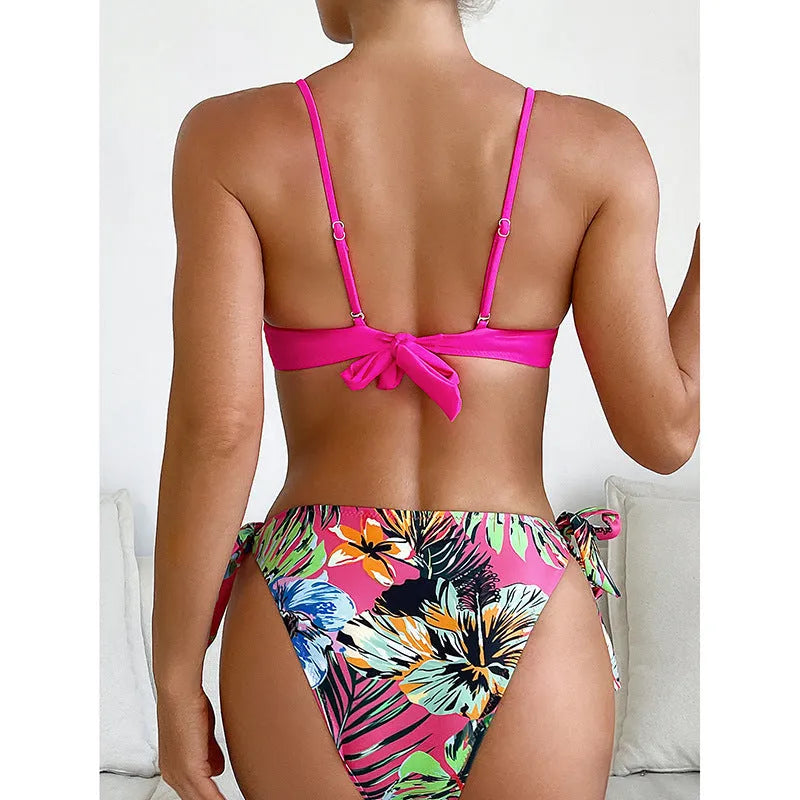 Women's rose red bikini with braided rope design for swimming