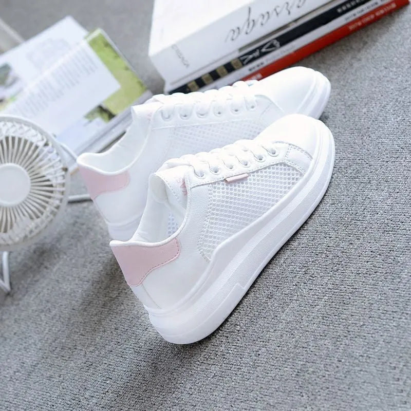 Women's casual mesh breathable sneakers, lightweight lace-up with rubber sole, available in black, light blue, pink