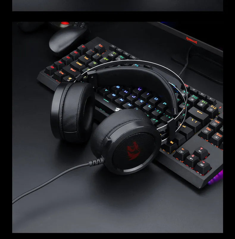 Black wired computer gaming headset with 3.5mm plug and long cable