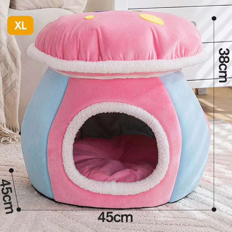 Grey mushroom-shaped plush cat bed with high walls and a detachable thermal blanket inside.