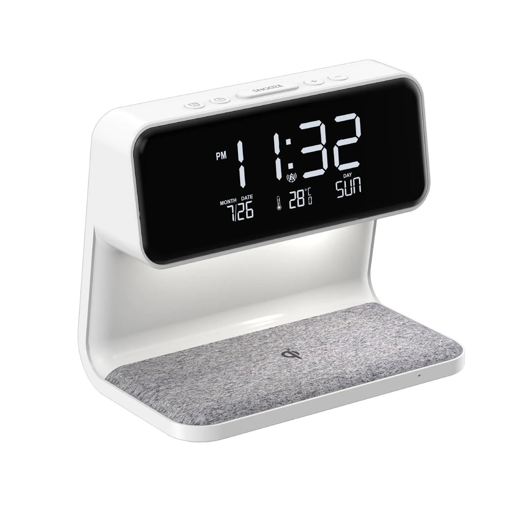 White bedside lamp with integrated wireless charging pad and LCD alarm clock display