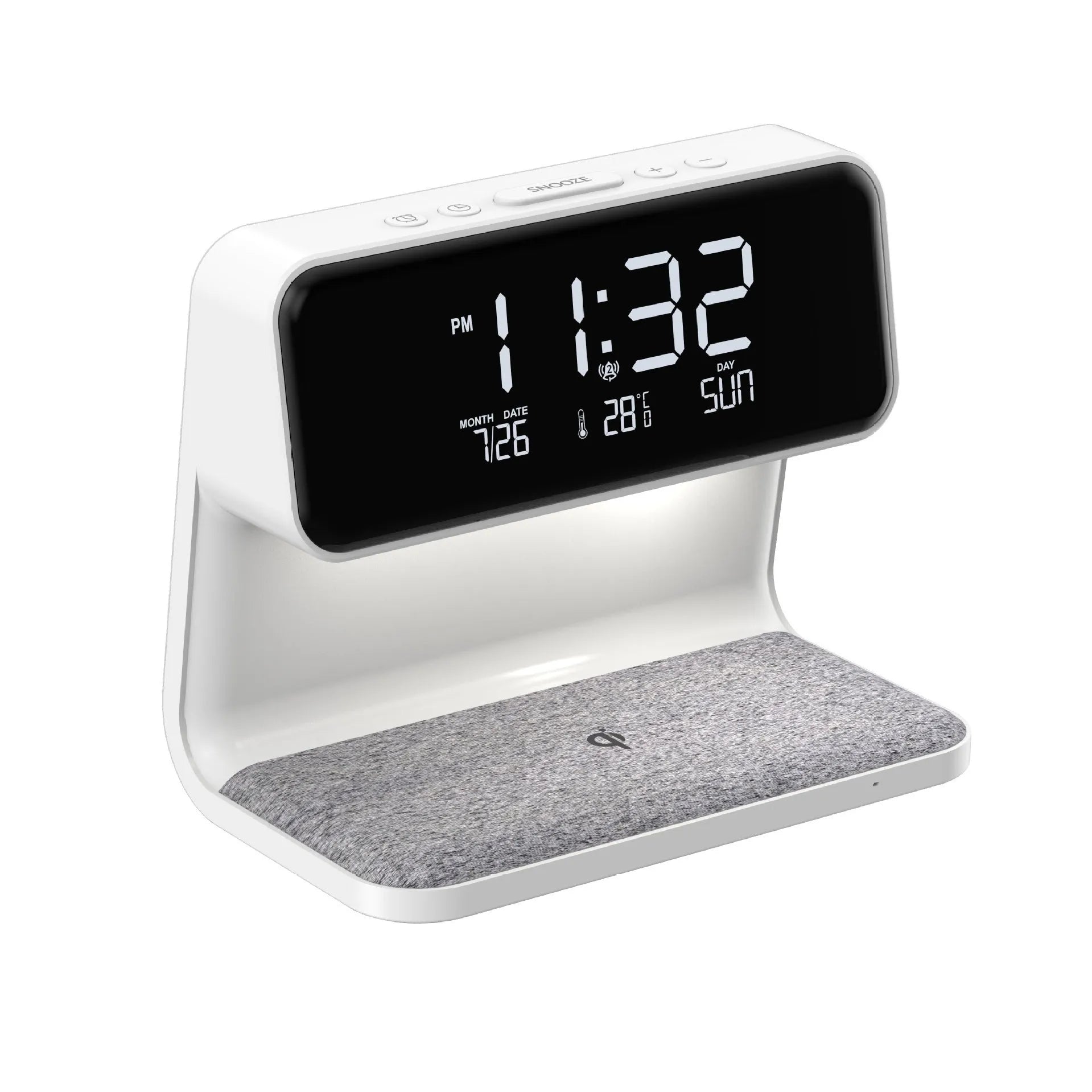 White bedside lamp with integrated wireless charging pad and LCD alarm clock display