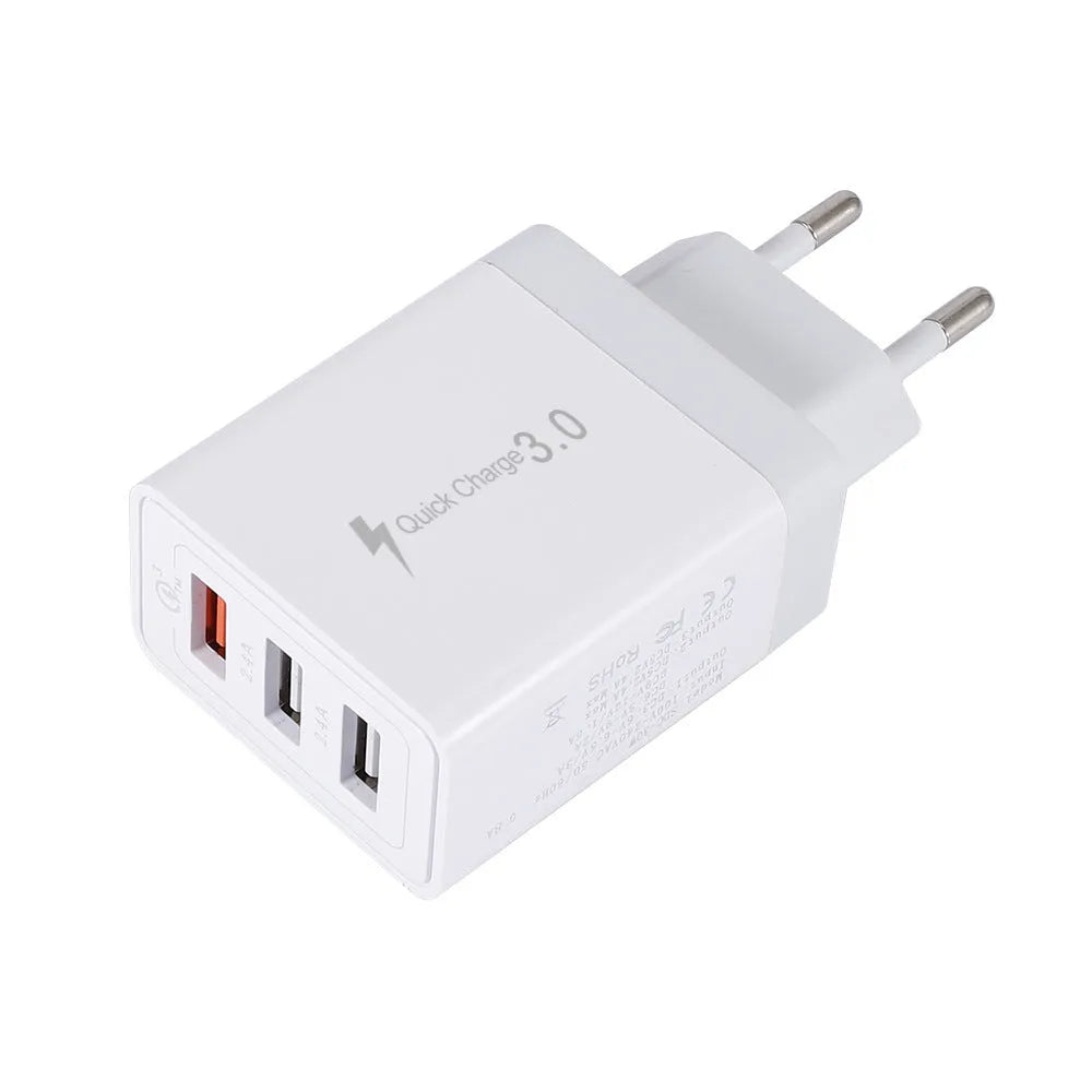 White 3USB mobile phone charger with EU, UK or US plug, 5V 2400mA output, 45mm wide compact body